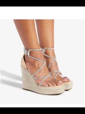 Women’s Nude Espadrille Wedge Sandals with Crystal Straps